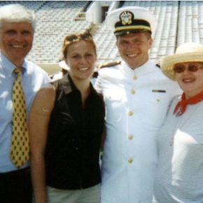 John Elliott, second from right, poses with his parents and sister at his Naval Academy graduation.