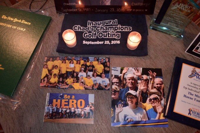 HERO Campaign memorabilia surrounds a memorial to Chad Michael Horne at the first annual Chad’s Champions Golf Outing on September 25, 2016 in Jackson, N.J. The event raised more than $15,000 for the HERO Campaign.